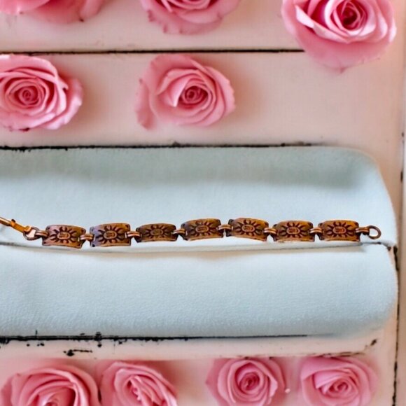 Copper Bracelet Vintage Sun Face Rectangular Links Southwestern Boho - Picture 8 of 11